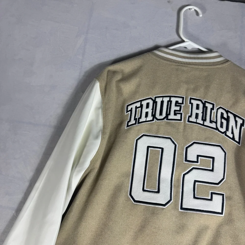 NWT True Religion Mens True Varsity Jacket Beige White Minimal Streetwear‎ XL